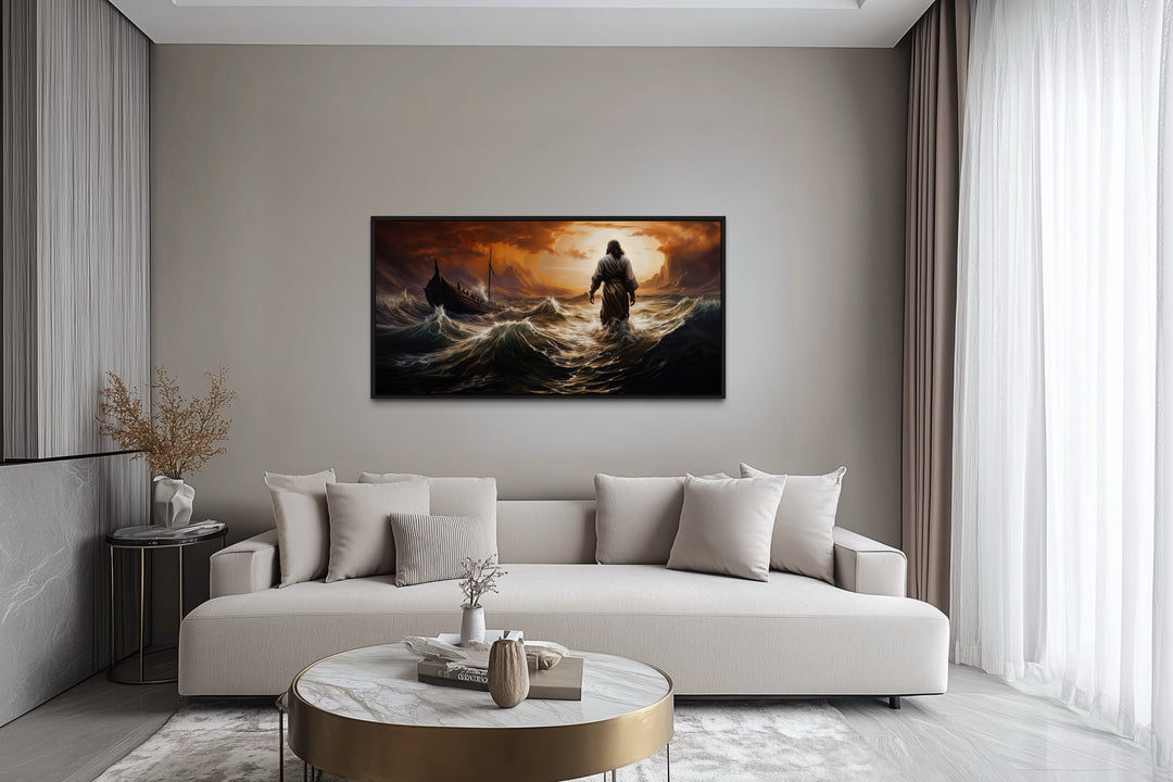 Jesus Walking On Water In Storm Modern Christian Framed Canvas Wall Art above a beige sofa.