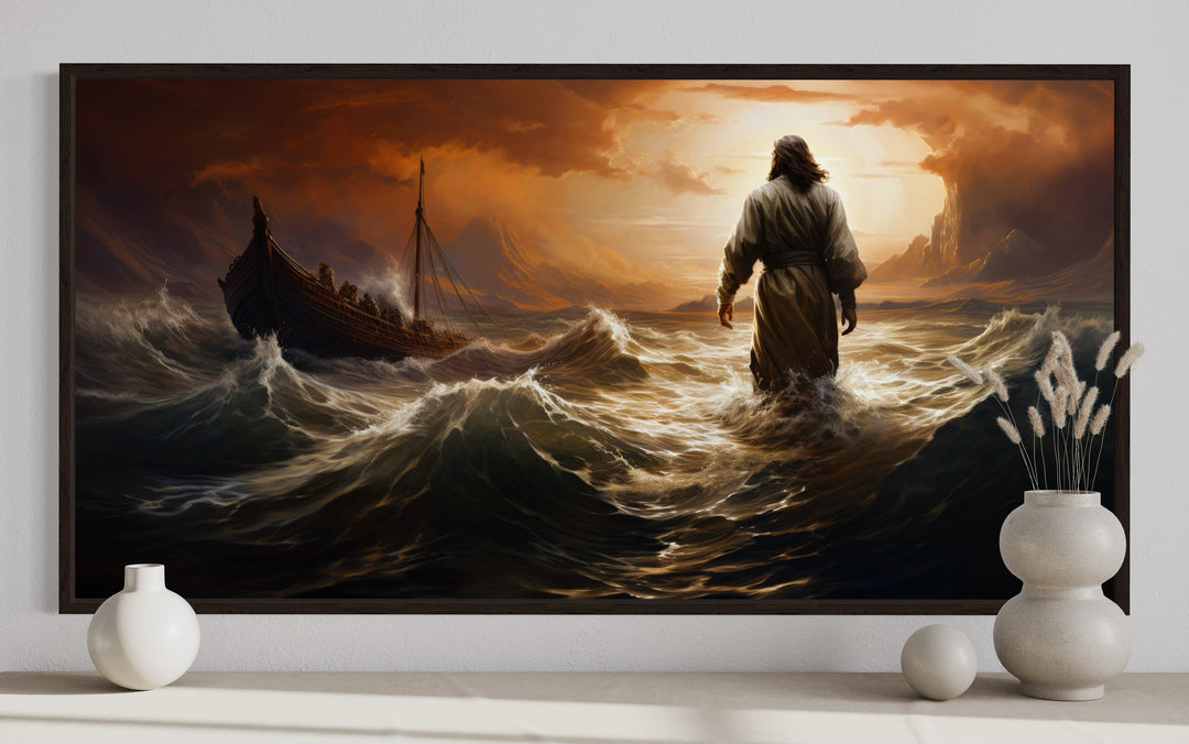 Jesus Walking On Water In Storm Modern Christian Framed Canvas Wall Art