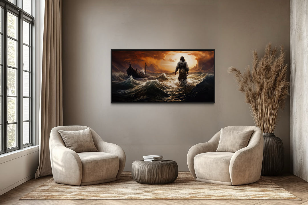 Jesus walking on water in a storm framed canvas wall art in a modern living room setting.