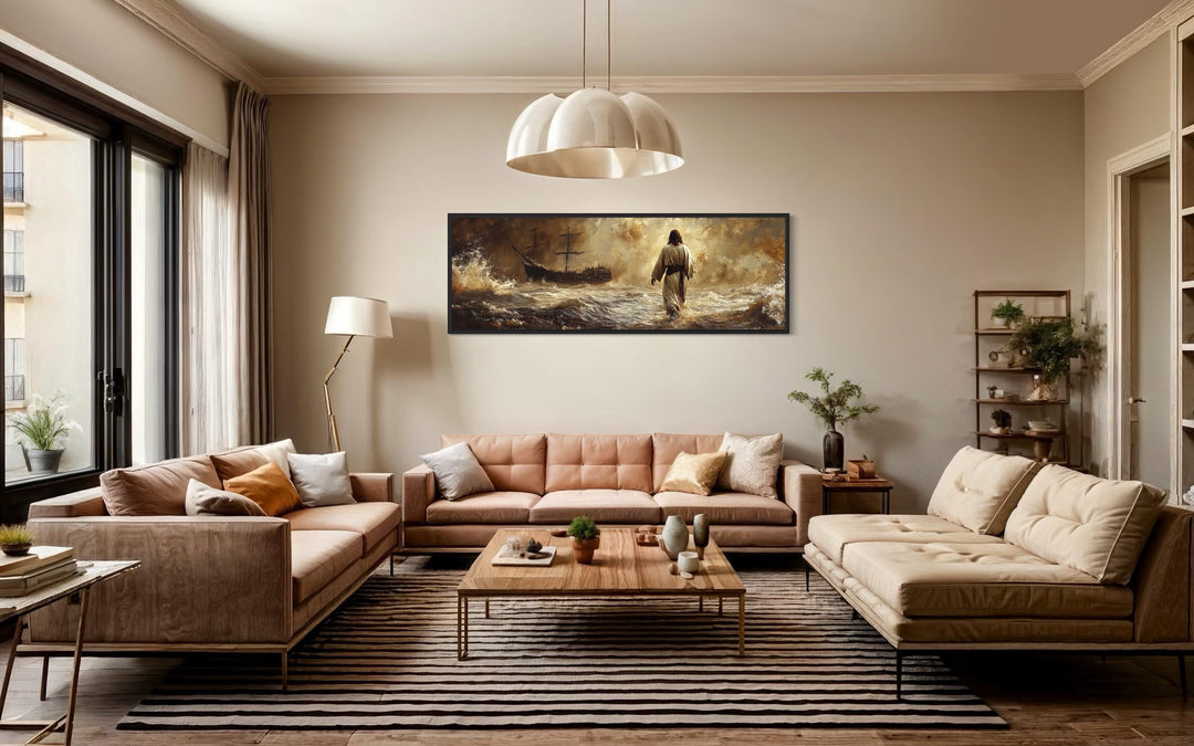 Jesus Walking On Water Long Horizontal Framed Canvas Wall Art displayed above a sofa in a living room
