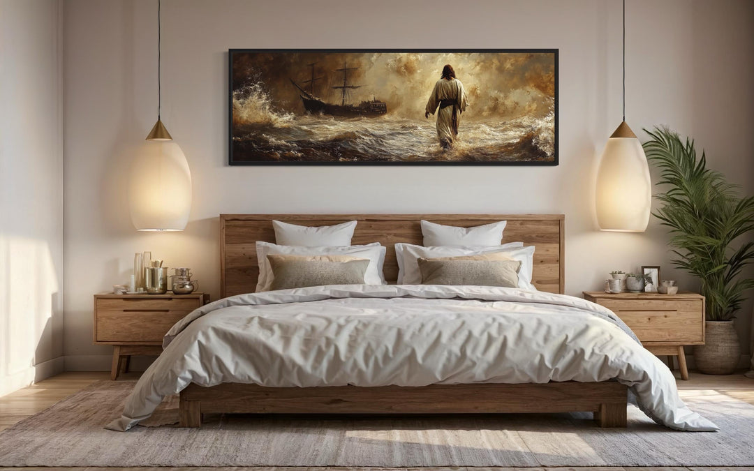 Jesus Walking On Water framed canvas wall art hanging above a wooden bed in a modern bedroom.