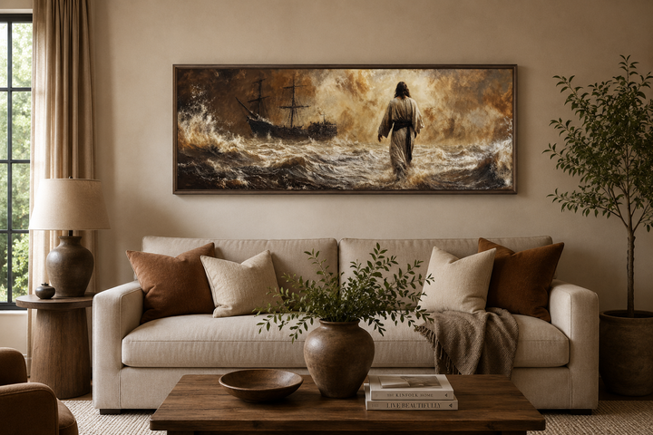 Jesus Walking On Water long horizontal framed canvas wall art above a beige sofa in a living room.