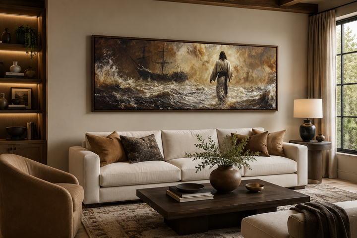 Jesus Walking On Water framed canvas wall art displayed above a sofa in a modern living room.