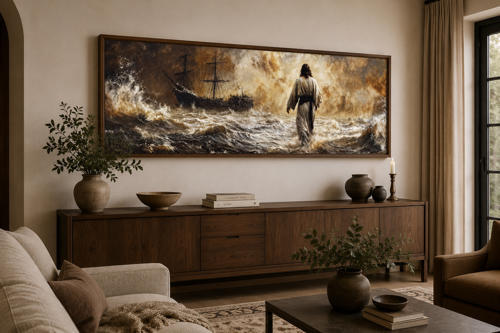 Jesus Walking On Water long horizontal framed canvas wall art above a wooden sideboard.