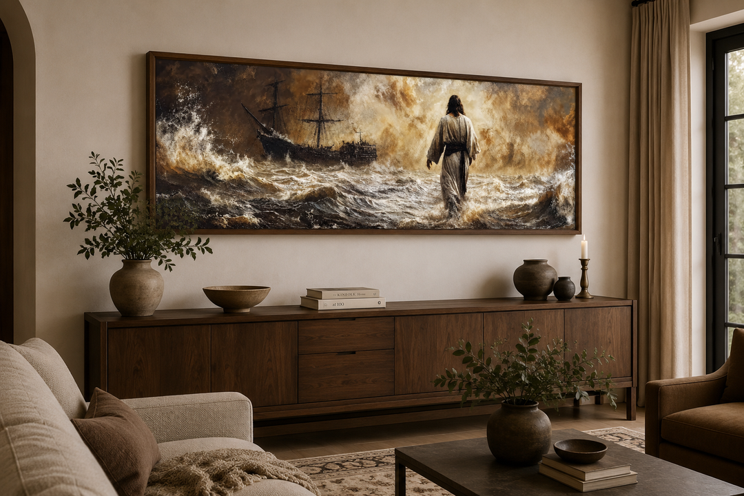 Jesus Walking On Water long horizontal framed canvas wall art above a wooden sideboard.