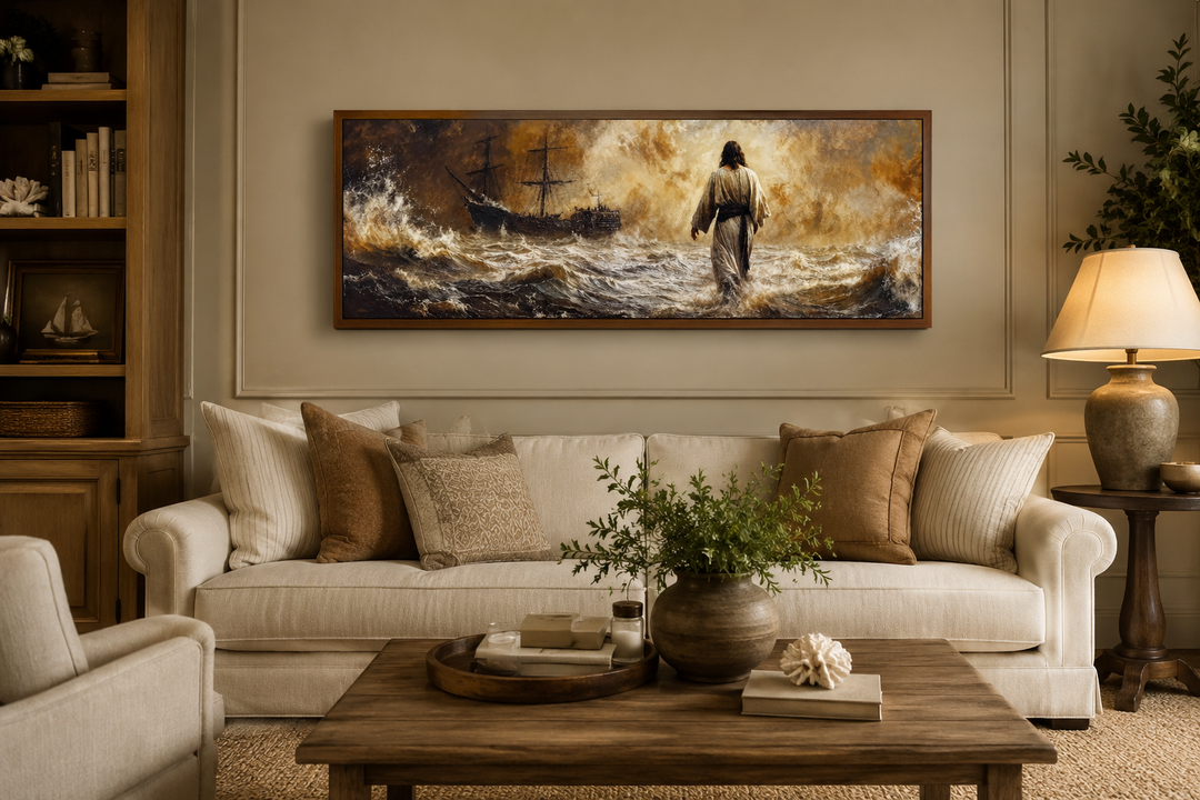 Jesus Walking On Water Long Horizontal Framed Canvas Wall Art displayed above a cream sofa.