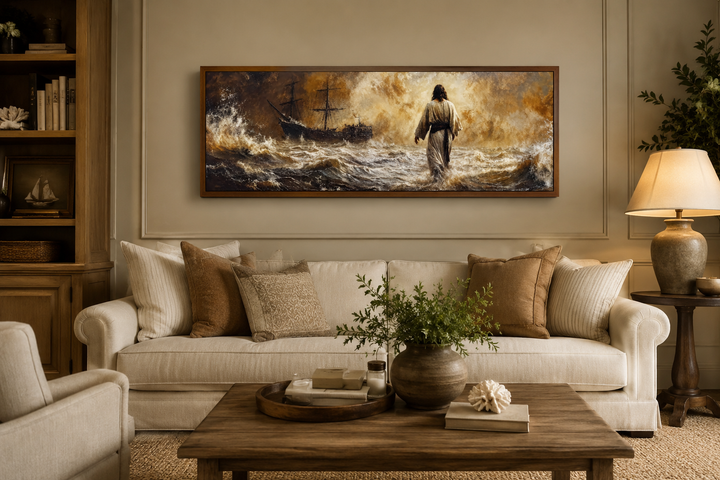 Jesus Walking On Water Long Horizontal Framed Canvas Wall Art displayed above a cream sofa.