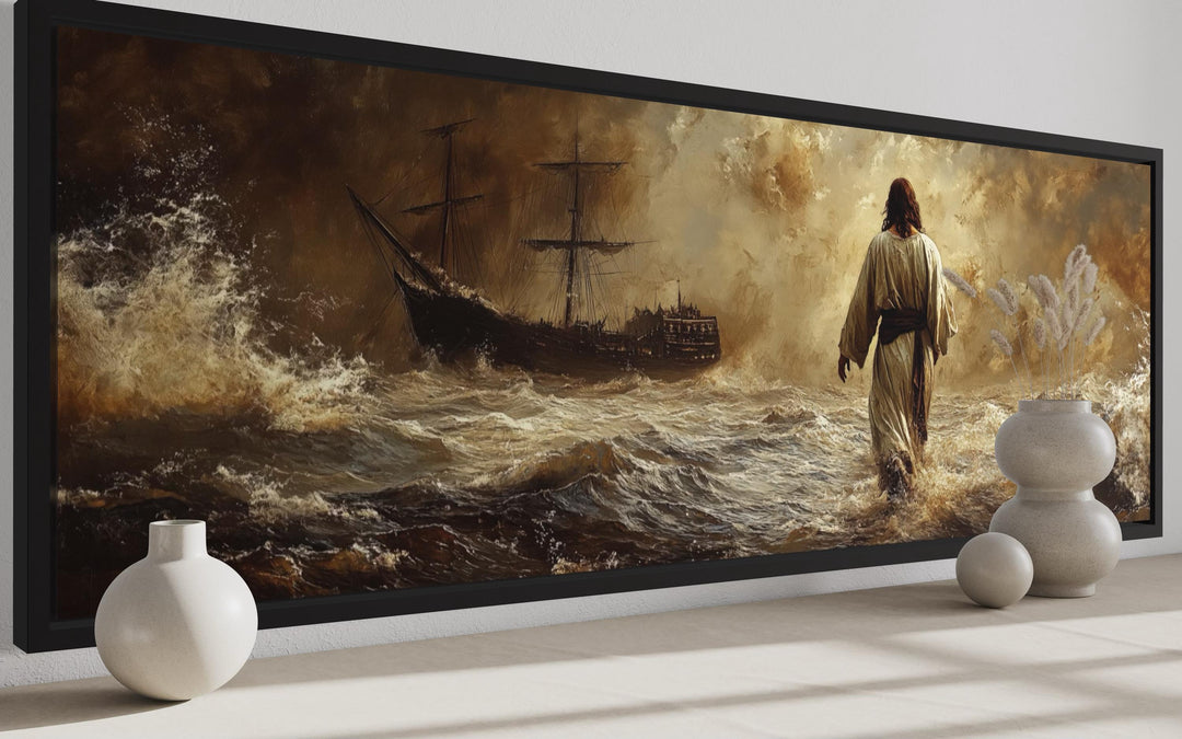 Jesus walking on stormy water toward a ship, long horizontal framed canvas wall art.