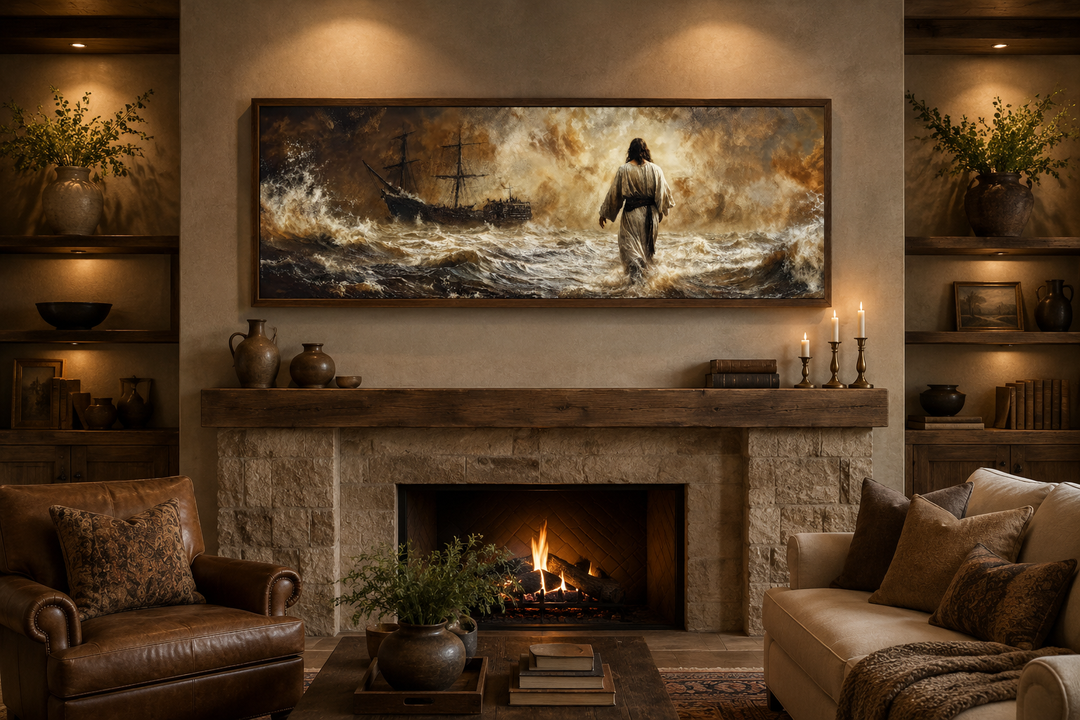 Jesus Walking On Water framed canvas wall art displayed above a fireplace in a cozy living room.