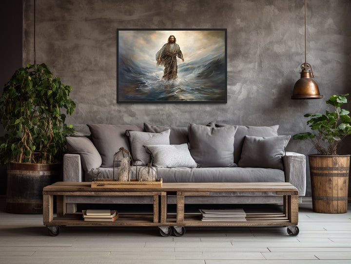 Jesus Walking On Water Modern Christian Framed Canvas Wall Art in a rustic living room setting.