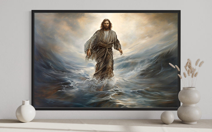 Jesus Walking On Water Modern Christian Framed Canvas Wall Art in a minimalist room setting.