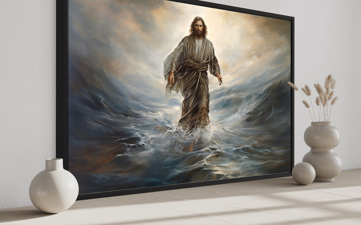 Jesus Walking On Water Modern Christian Framed Canvas Wall Art in a minimalist room setting.