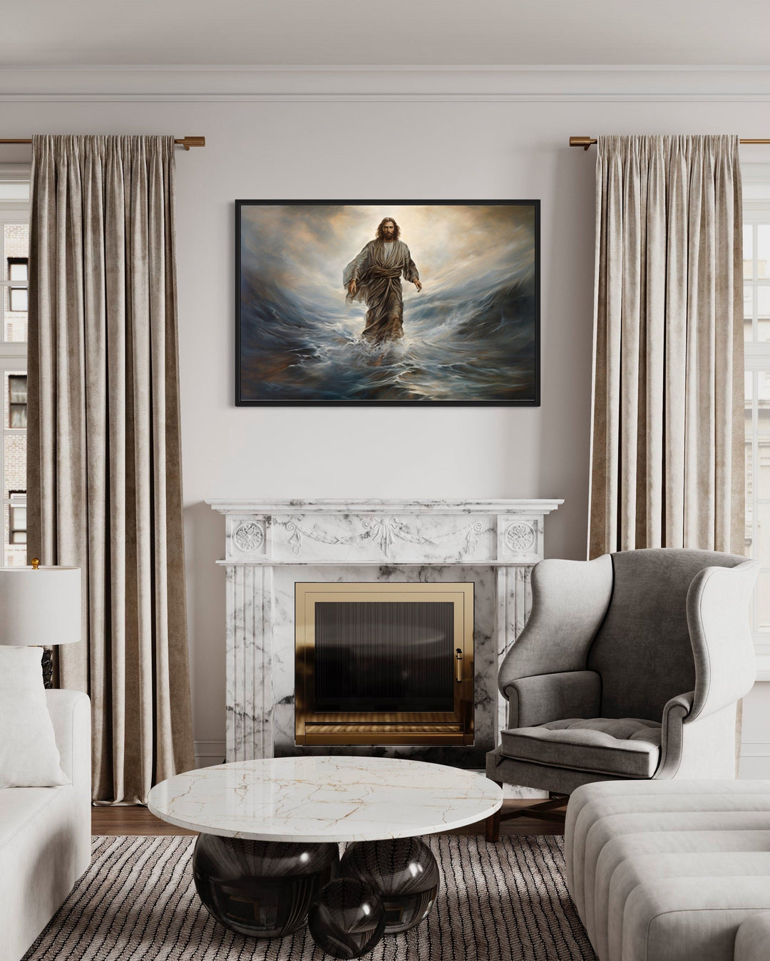 Jesus Walking On Water Modern Christian Framed Canvas Wall Art above a white marble fireplace.