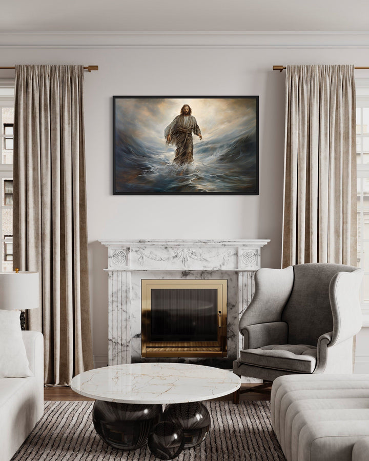 Jesus Walking On Water Modern Christian Framed Canvas Wall Art above a white marble fireplace.