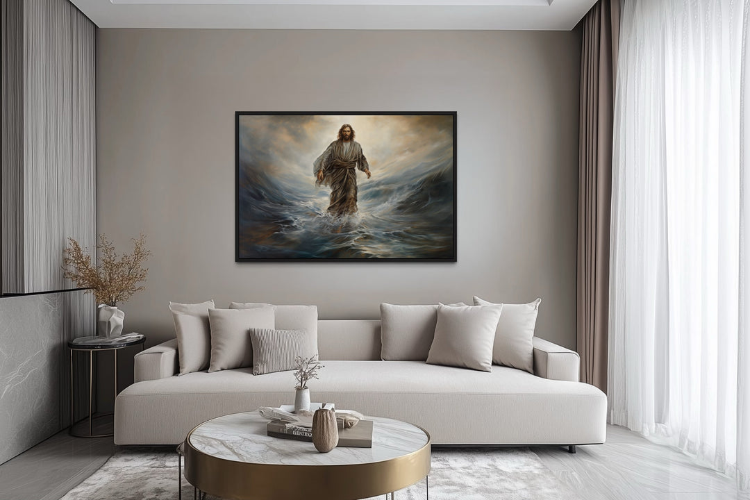 Jesus Walking On Water framed canvas wall art hanging above a modern sofa in a living room.