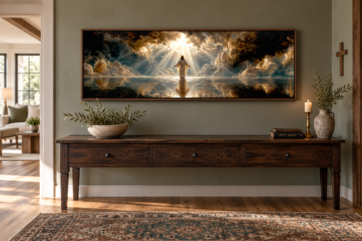 Panoramic canvas print of Jesus walking on water under a dramatic sky, framed above a wooden table.