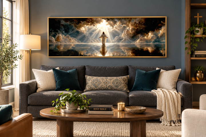 Panoramic canvas print of Jesus walking on water above a sofa in a modern living room.