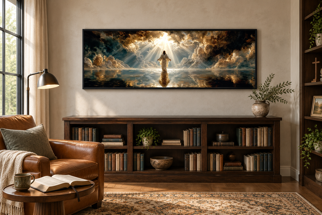 Panoramic canvas print of Jesus walking on water under a dramatic sky in a cozy reading room.