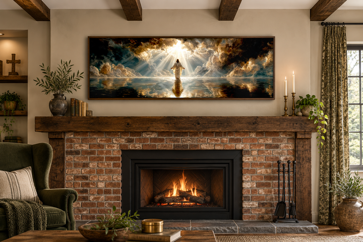 Panoramic canvas print of Jesus walking on water above a brick fireplace in a rustic living room.