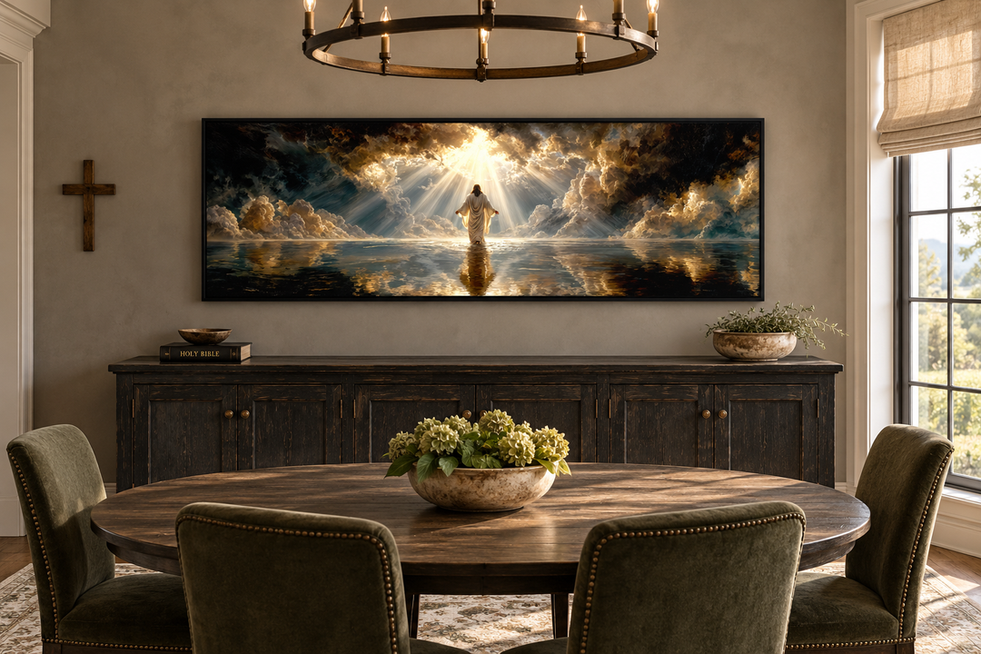 Panoramic canvas print of Jesus walking on water under a dramatic sky in a rustic dining room.