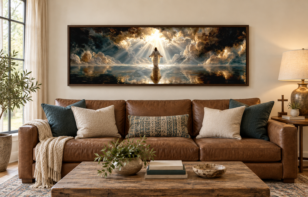 Panoramic canvas print of Jesus walking on water under a dramatic sky in a walnut frame.