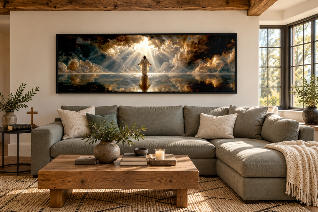 Panoramic canvas print of Jesus walking on water under a dramatic sky, framed above a gray sofa.