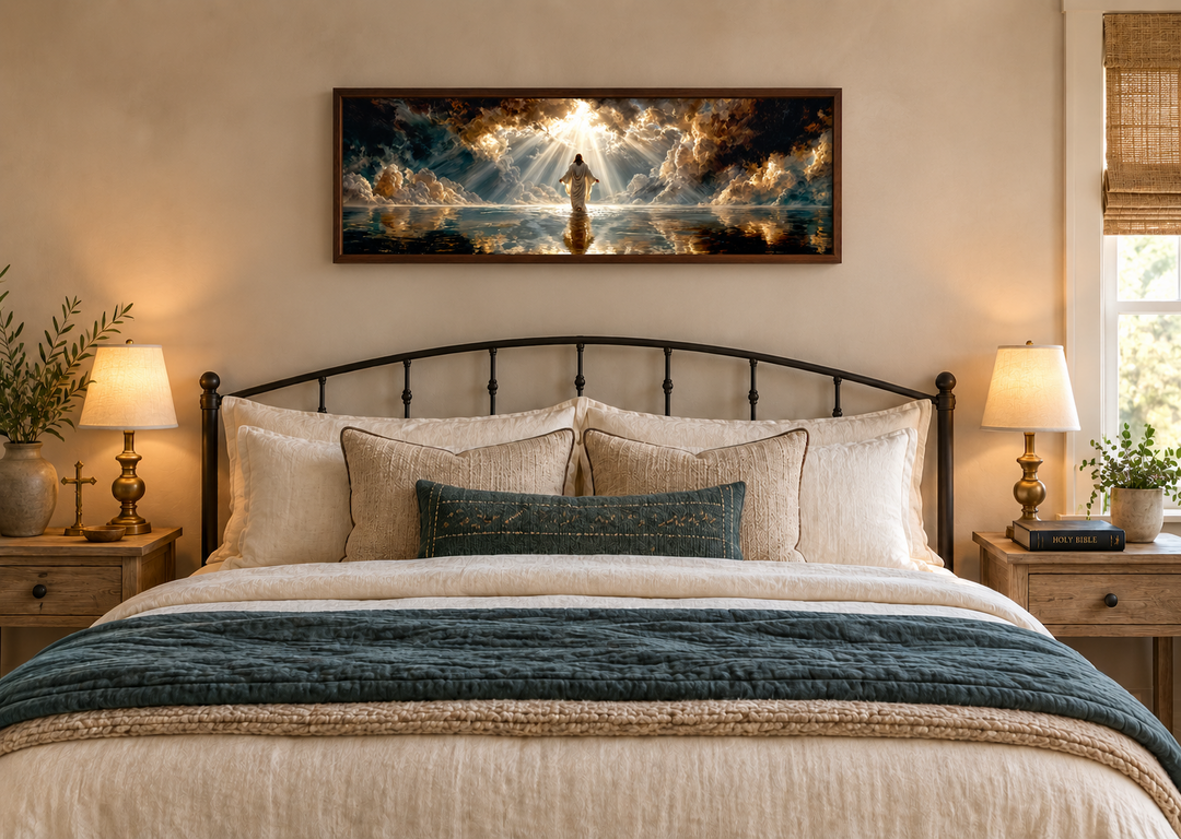 Panoramic canvas print of Jesus walking on water above a bed in a rustic bedroom.