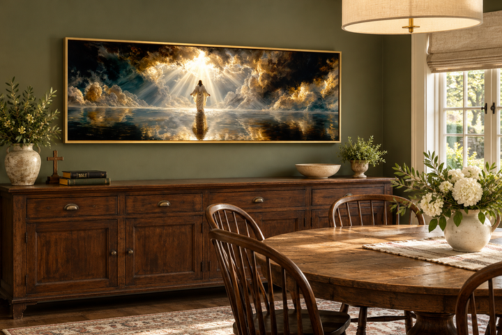 Panoramic canvas print of Jesus walking on water in a gold frame above a wooden sideboard.