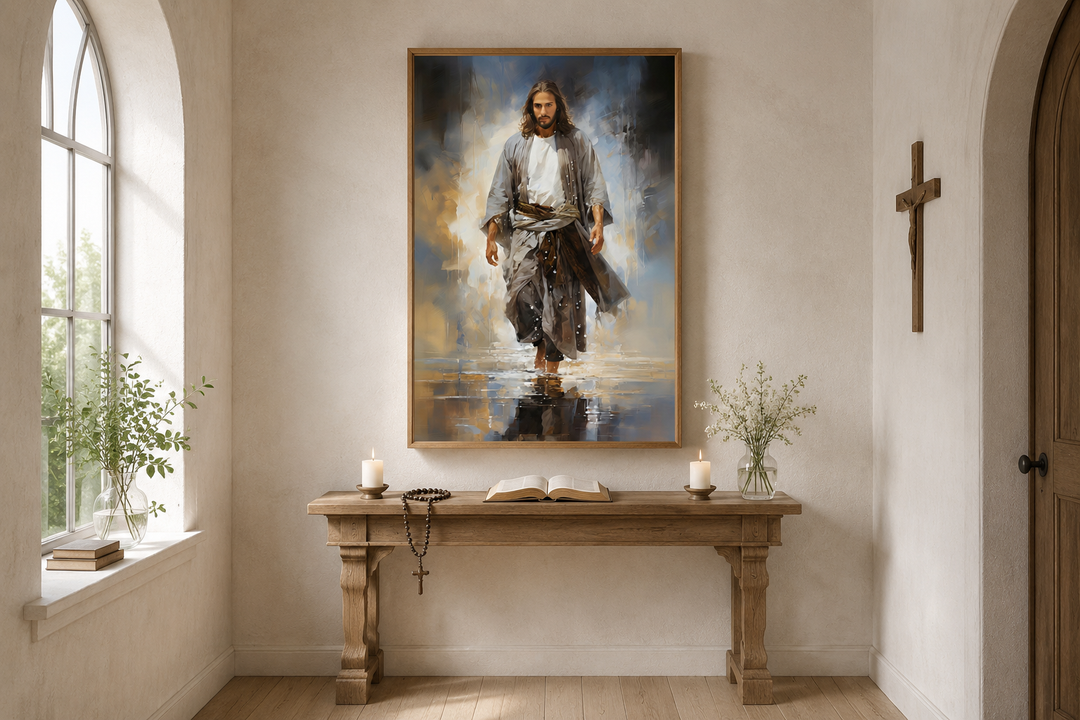 Modern abstract framed canvas wall art of Jesus walking on water in a serene room setting.