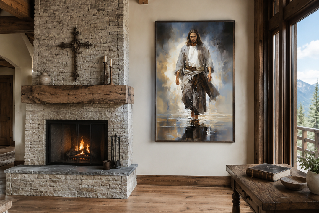 Jesus Walking on Water Modern Abstract Framed Canvas Wall Art in a rustic living room setting.