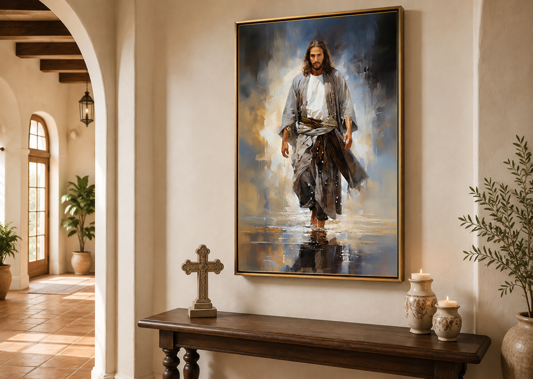 Jesus Walking on Water modern abstract framed canvas wall art displayed above a wooden console table.