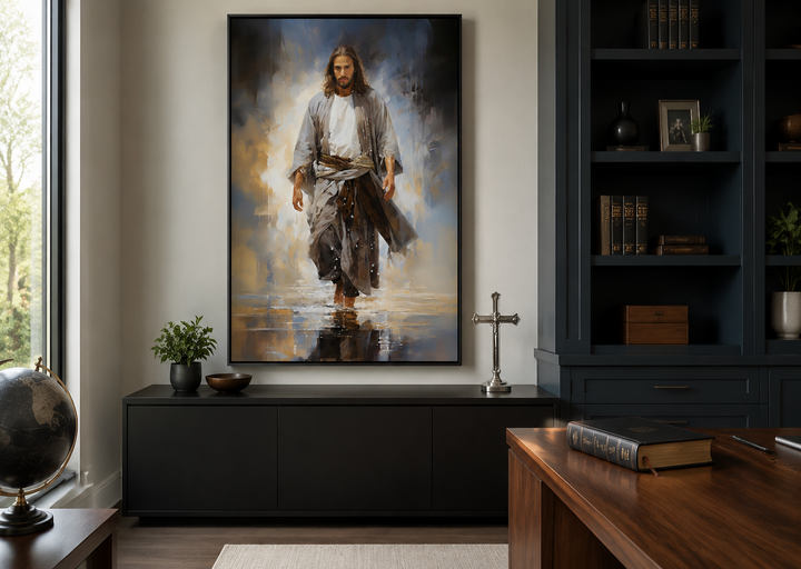 Jesus Walking on Water Modern Abstract Framed Canvas Wall Art in a contemporary office setting.