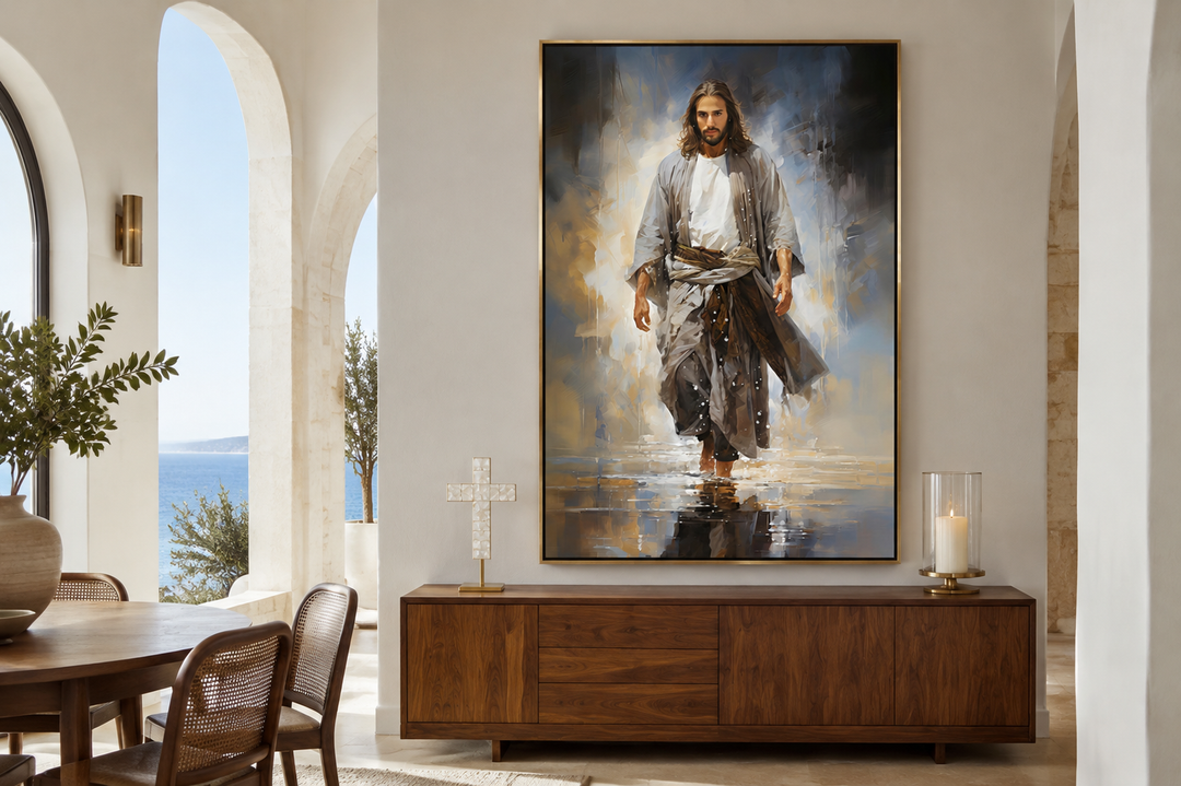 Jesus Walking on Water Modern Abstract Framed Canvas Wall Art in a minimalist living room.