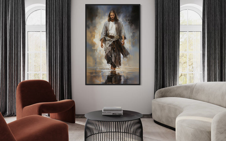Jesus Walking on Water Modern Abstract Framed Canvas Wall Art in a contemporary living room.