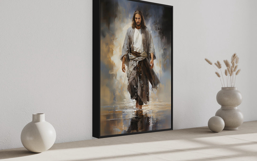 Jesus Walking on Water Modern Abstract Framed Canvas Wall Art in a minimalist room setting.