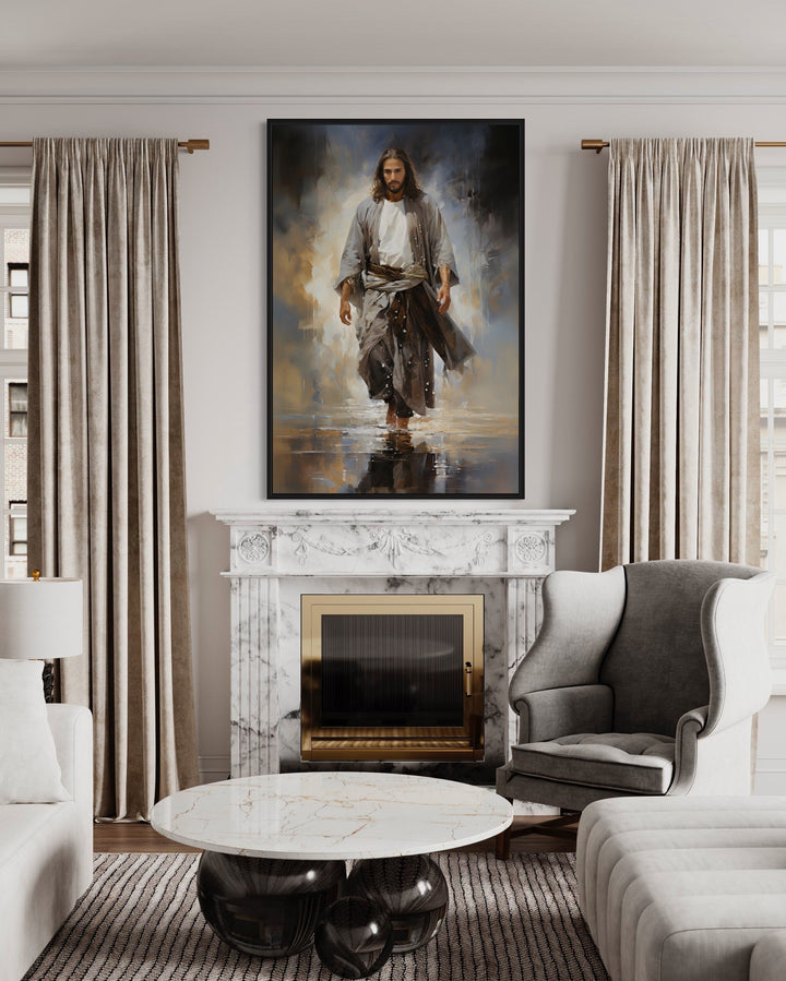 Jesus Walking on Water Modern Abstract Framed Canvas Wall Art hanging above a marble fireplace.
