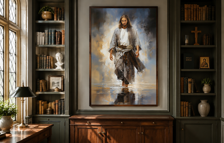 Jesus Walking on Water Modern Abstract Framed Canvas Wall Art displayed in a classic study room.