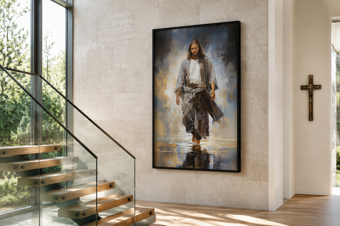 Modern abstract framed canvas wall art of Jesus walking on water in a minimalist interior.