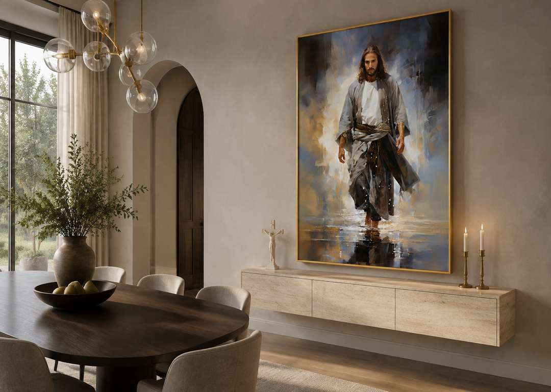 Modern abstract framed canvas wall art of Jesus walking on water in a minimalist dining room.