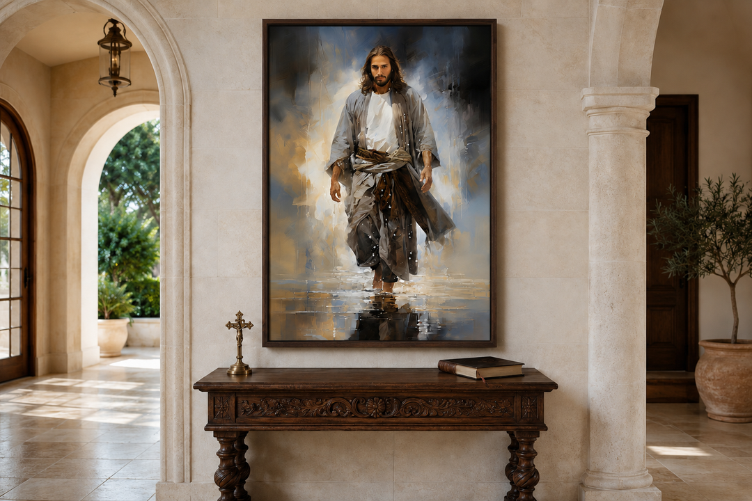 Jesus Walking on Water modern abstract framed canvas wall art displayed above a wooden console table