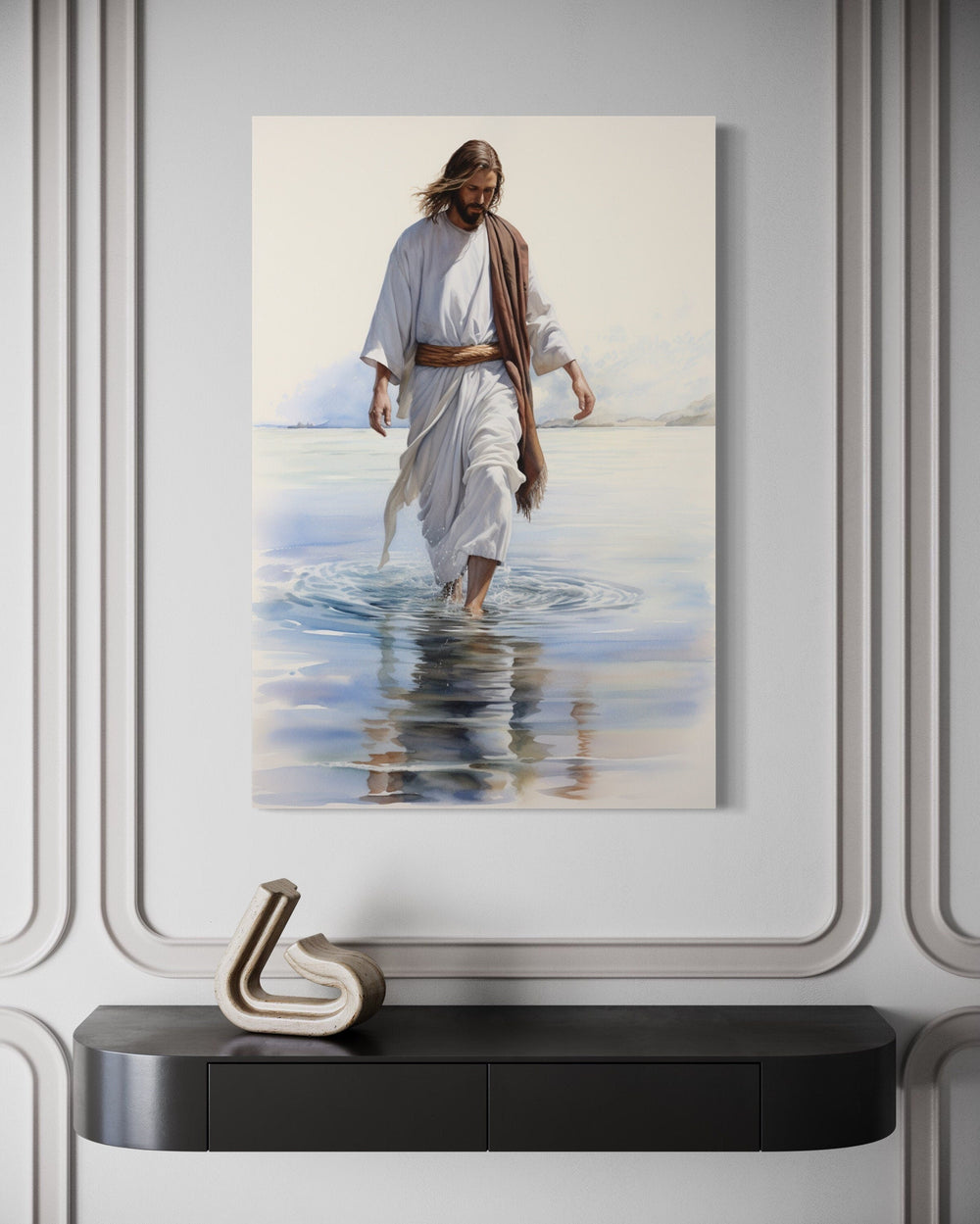 Jesus walking on water watercolor painting framed canvas wall art.