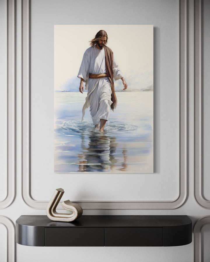 Jesus walking on water watercolor painting framed canvas wall art.