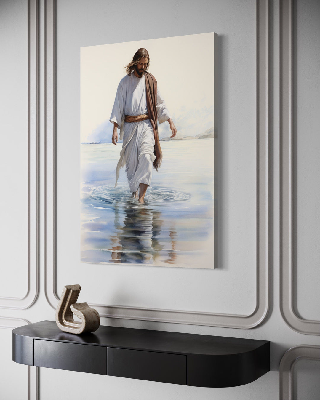 Jesus walking on water watercolor painting framed canvas wall art.