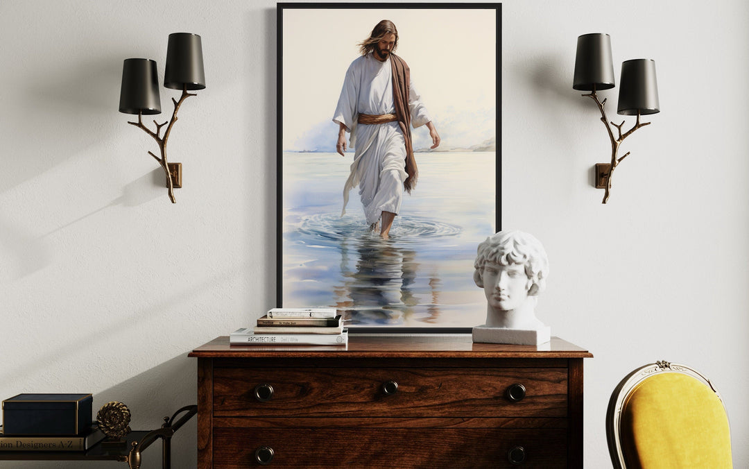 Framed watercolor painting of Jesus walking on water.
