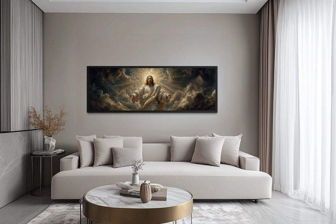 Panoramic Christian wall art canvas print of Jesus with open arms in a modern living room.