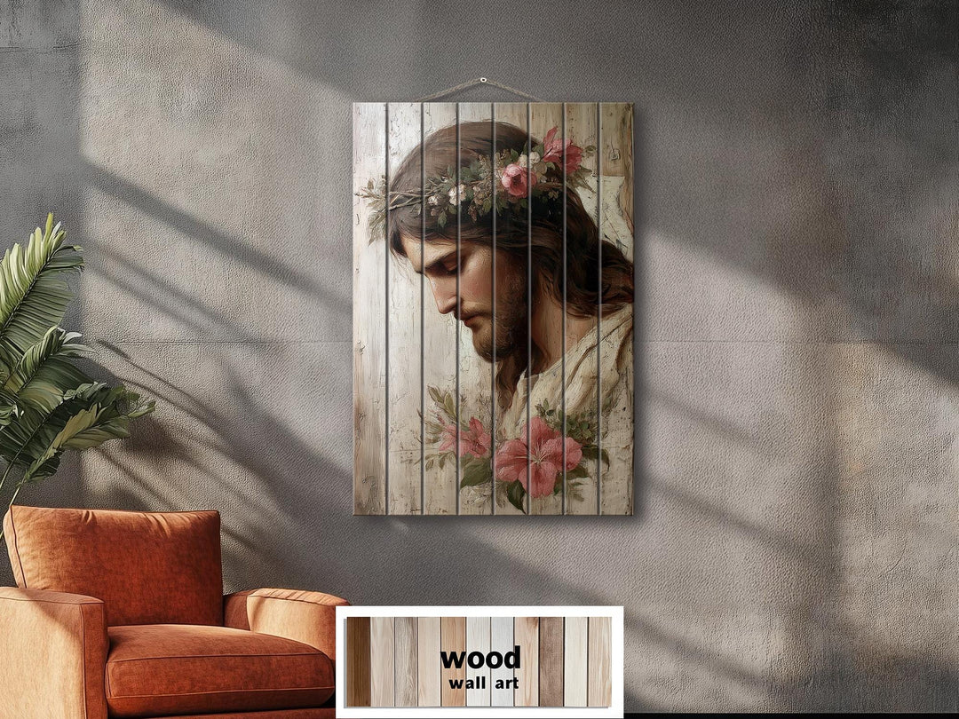Vertical wood wall art featuring a portrait of Jesus with a floral crown and distressed finish.