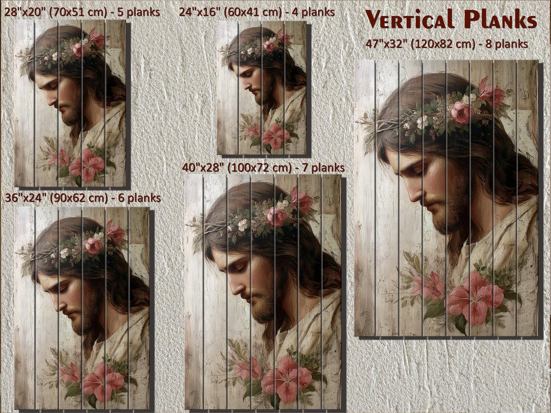 Jesus portrait with flowers on vertical wood planks in various sizes for Christian wall decor.