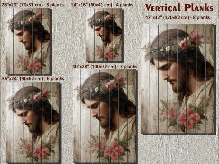 Jesus portrait with flowers on vertical wood planks in various sizes for Christian wall decor.