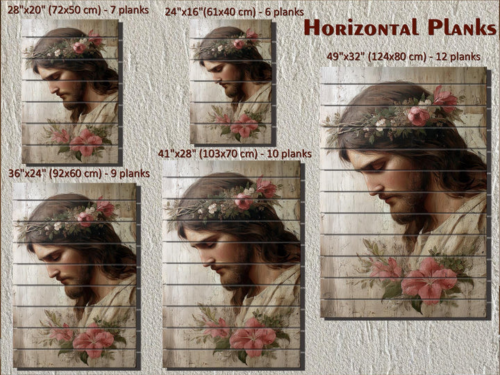 Jesus portrait with flowers on horizontal wood planks in various sizes for Christian wall decor.