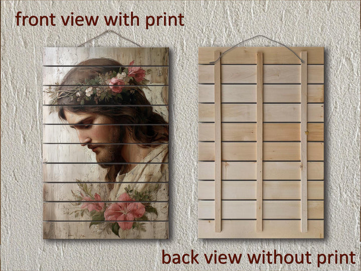 Front and back views of a vertical wood plank wall art featuring a portrait of Jesus with flowers.